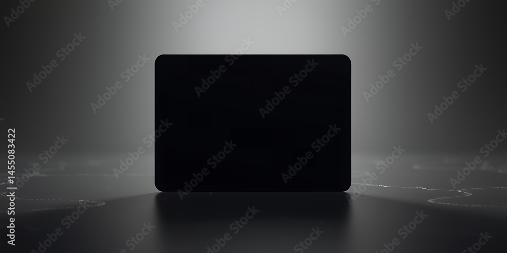 Poster a black rectangular object centered on a reflective surface in a gray gradient studio