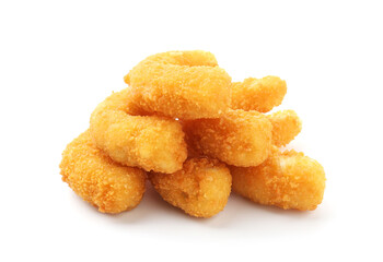 Many tasty tempura shrimps isolated on white