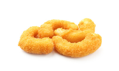 Many tasty tempura shrimps isolated on white