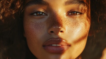 Closeup portrait freckles golden hour sunlight beauty woman face skin eyes lips hair glow warm girl