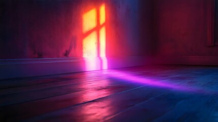 A vibrant ray of light illuminates an empty room, casting beautiful colors on the wooden floor.