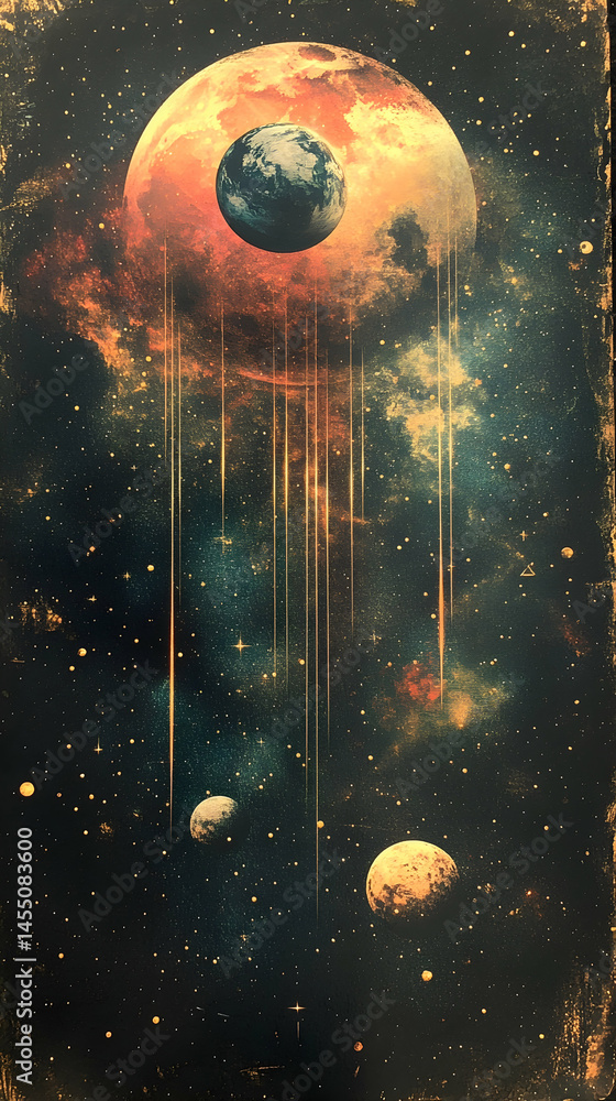 Poster cosmic scene with a large planet encompassing a smaller earth-like planet light streaks falling from