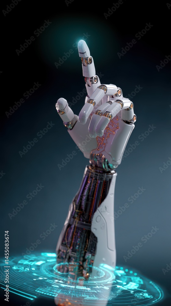 Poster robotic arm emerging above glowing data circle with the index finger pointing upwards, representing 