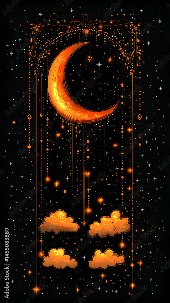 Poster glowing crescent moon adorned with shimmering strings and stars, accompanied by luminous clouds agai