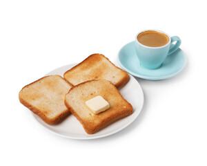 Tasty toast bread with butter and coffee isolated on white