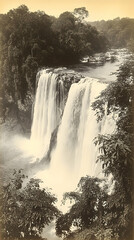 Majestic twin waterfalls cascading down rocky cliffs into a serene river, framed by lush, verdant foliage