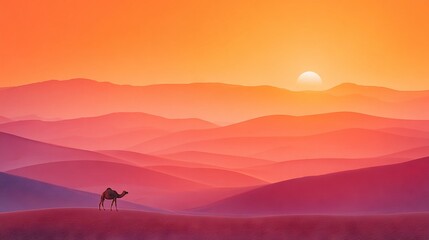   Camel painting on desert scene with sunset background