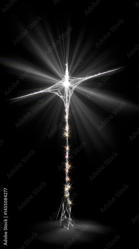 Poster abstract glowing formation against a dark background, emitting bright rays of light and sparkling il