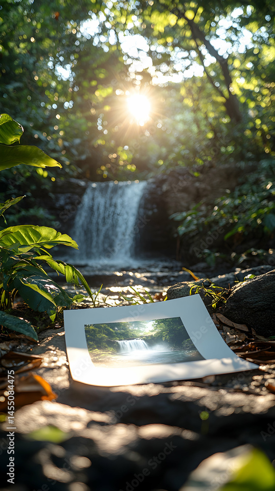 Poster sunlit waterfall scene with a small print depicting the same waterfall lying on forest floor