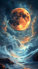 A colossal, fiery orange moon dominates a dramatic, swirling cloudscape above a dark, wave-swept landscape