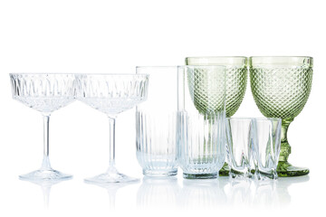 Different empty clean glasses isolated on white
