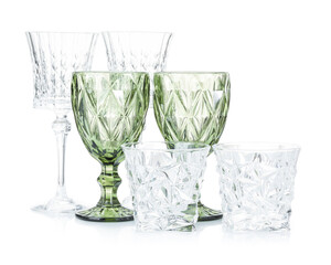 Different empty clean glasses isolated on white