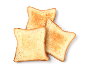 Slices of tasty toasted bread isolated on white, top view