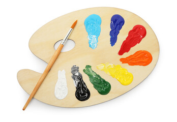 Wooden palette with paints and brush isolated on white, top view