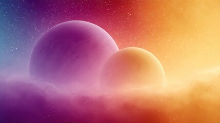   A trio of celestial bodies surrounded by clouds and starlit backdrop, exhibiting a rainbow tint on the left side of the frame