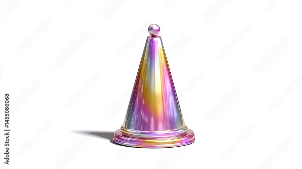 Poster a vibrant iridescent cone with a reflective sphere on top ideal for abstract art and design p