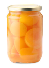 Tasty canned apricots in jar isolated on white