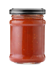 Tasty lecho in jar isolated on white
