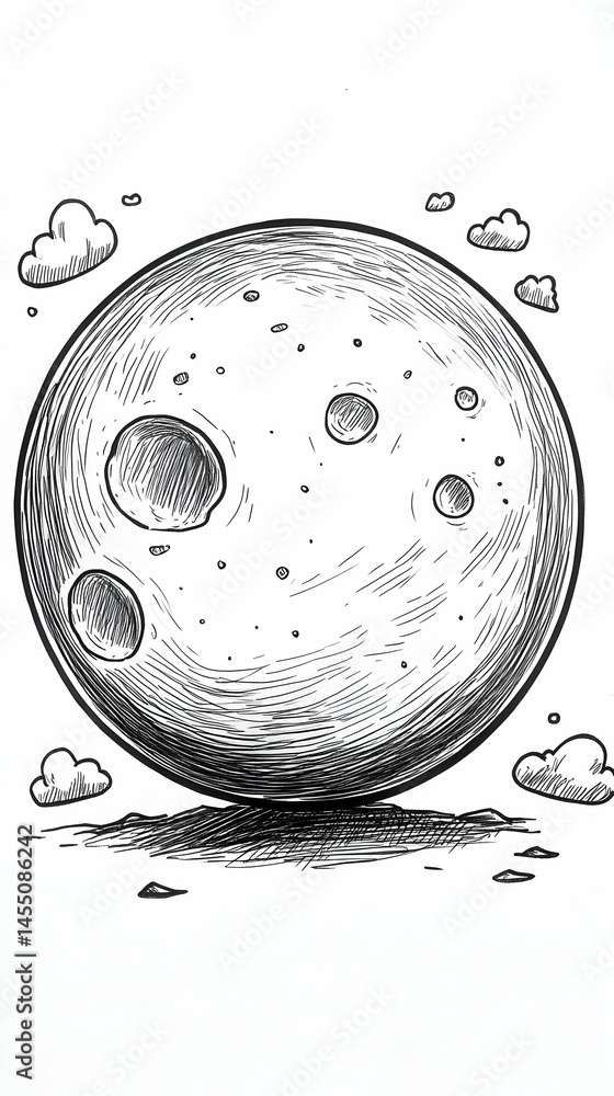 Poster a detailed ink drawing of a large cratered moon clouds float around it resting on a dark shadowed la