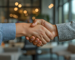 Two individuals shaking hands, signifying agreement, partnership, or completion of a deal.  A blurred office background suggests a professional context