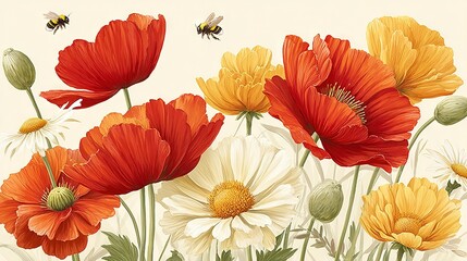  A colorful artwork depicting three flowers  and a bee perched atop one of them