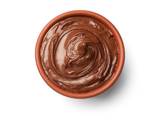 Tasty chocolate spread in bowl isolated on white, top view