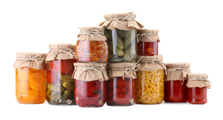 Many jars with different pickled products isolated on white