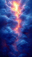 Fiery column of light pierces through a dramatic, swirling mass of deep blue and purple clouds