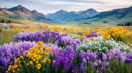 Obraz premium A field of wildflowers with mountains in the foreground and background