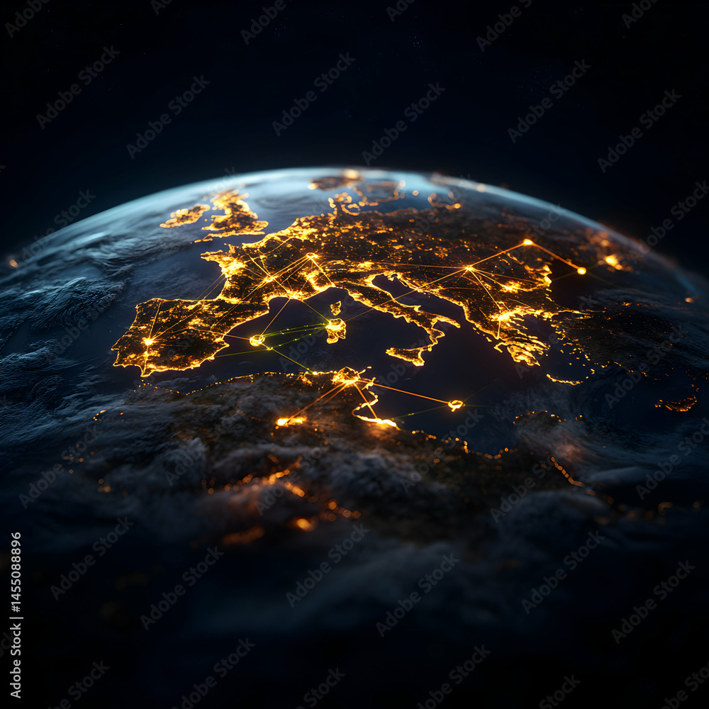 Poster an illuminated earth showing europe at night. it highlights city lights and network connections symb