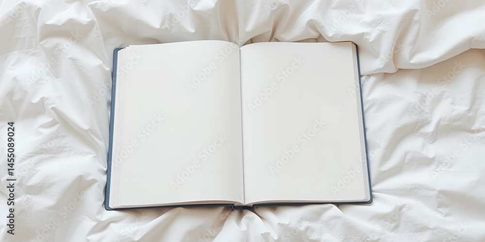 Poster an open blank notebook resting on a white crumpled bed sheet in a bright and airy setting