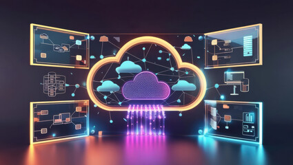Illustration Of Cloud Computing And Digital Data Transfer, Featuring A Network Spanning Cities, Countries, And The Globe, Emphasizing A Virtualization Approach.	
