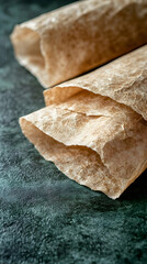Two golden-brown, parchment-wrapped pastries rest on a dark, textured surface