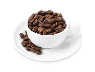 Aromatic coffee beans in cup isolated on white