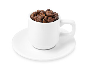Aromatic coffee beans in cup isolated on white