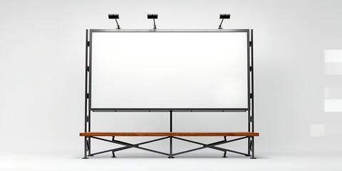 Obraz premium A blank white billboard with a metal frame and a wooden bench in a studio setting