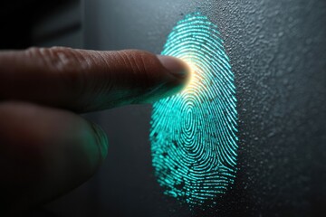 African American Man Scanning Fingerprint for Identification Access and Verification of Data on Dark Textured Surface