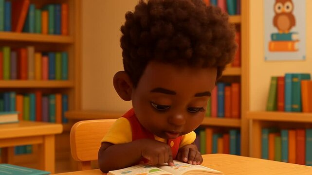 A 3D cartoon of a young black boy reading a book in a library