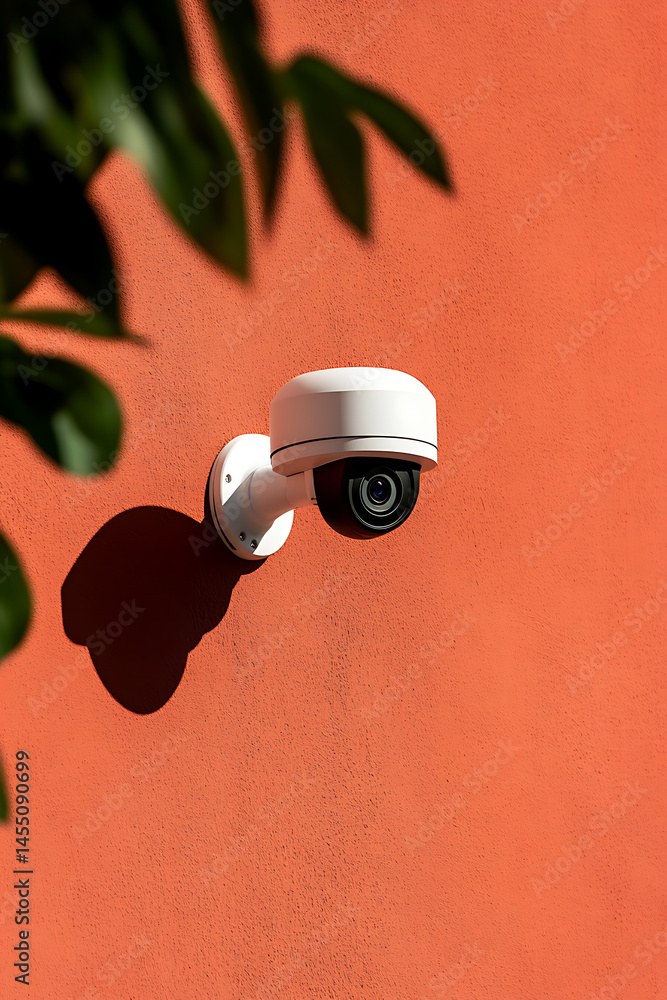 Poster security camera on textured wall with leafy shadows. modern surveillance with aesthetic appeal. wall