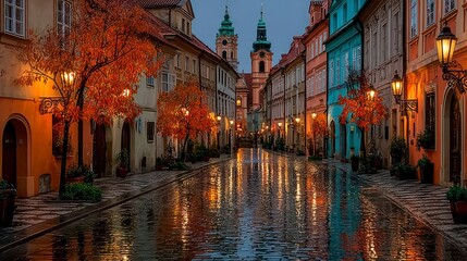 Fototapeta premium Charming Cobblestone Street with Colorful Buildings and Autumn Trees Reflecting in Wet Pavement