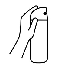 human hand holding an aerosol spray can, with index finger on the nozzle. air freshening, odor elimination, hygiene, sanitation, everyday cleaning practices, restrooms, poorly ventilated spaces.