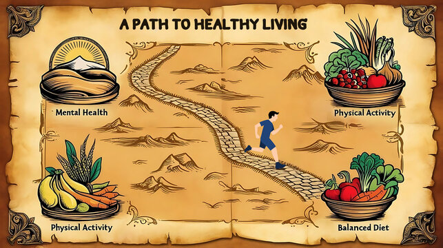 Illustrated path to healthy living concept with balanced diet, mental health, physical activity, vintage style wellness infographic for education, health blogs, and lifestyle promotion