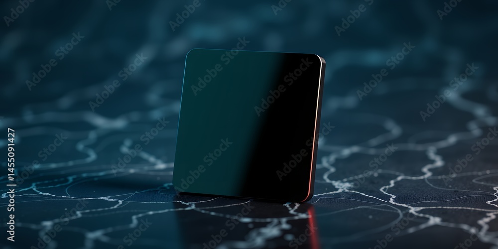 Aufkleber a sleek square object standing on a dark marble surface with light reflecting off it nicely