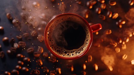 Aromatic hot coffee in red mug with coffee beans cup dark food warm rich drink steam brown tasty