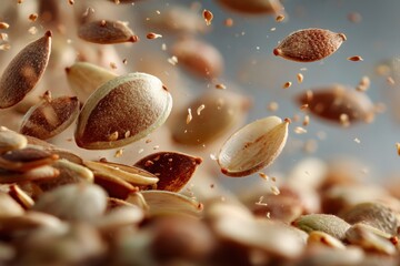 Fototapeta premium Close-up of multiple healthy pumpkin seeds suspended in air, showcasing texture and nutritional value for advertising or food blogs