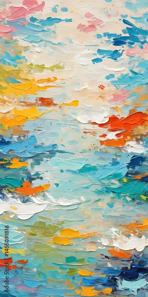 Poster a captivating display of swirling colors reflects the beauty of dawn over calm waters. vivid brushst