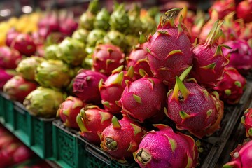 Pile of vibrant dragon fruit, also known as pitaya, stacked in green plastic crates at a market or grocery store.