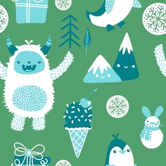 Winter monsters seamless Christmas yeti pattern for wrapping paper and fabrics