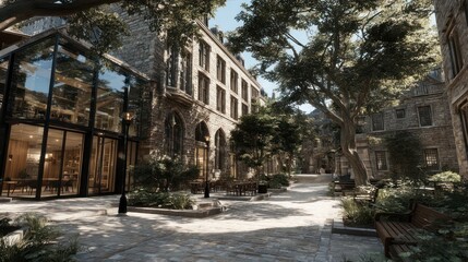 Charming Courtyard with Historic Architecture and Modern Glass Facade Surrounded by Lush Green