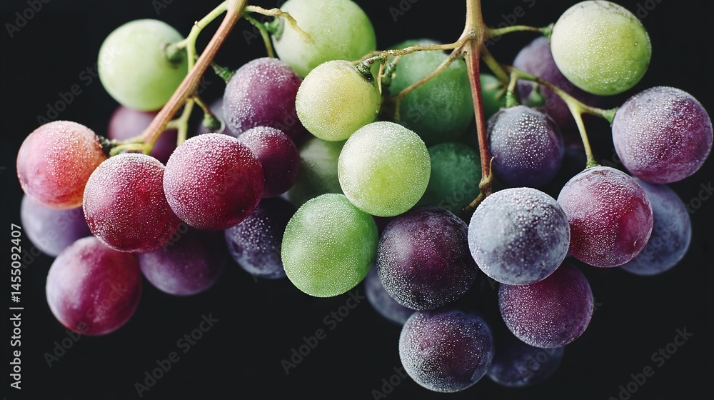 Poster a group of grapes rest on a frosty tree branch against a dark backdrop